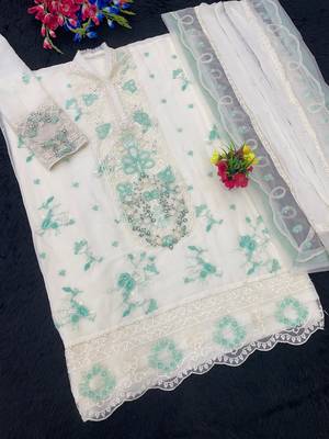 White & blue chiffon suit with embroidery & sequin work 3