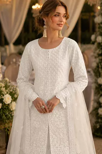 White heavy net readymade suit with embroidery & sequence work