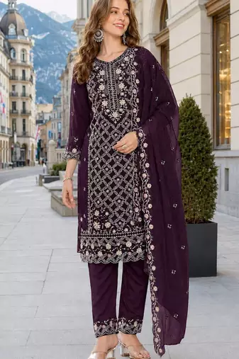 Purple chiffon  semi stitched suit with embroidered sequence work