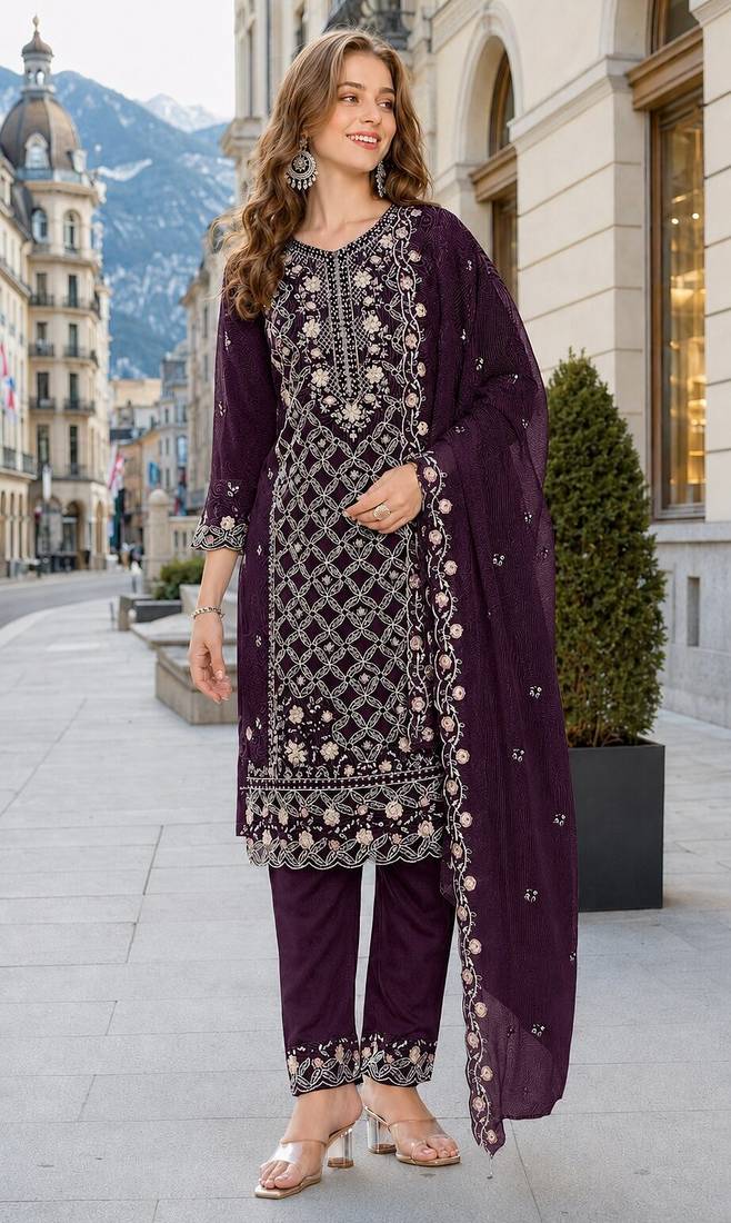 Purple chiffon  semi stitched suit with embroidered sequence work
