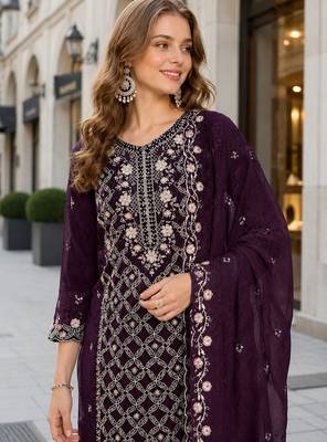 Purple chiffon semi stitched suit with embroidered sequin work 2