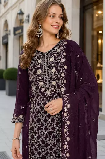 Purple chiffon  semi stitched suit with embroidered sequence work