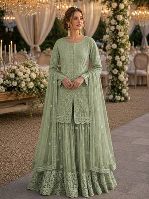 Green heavy net readymade suit with embroidery & sequin work 1
