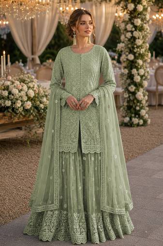 Green heavy net readymade suit with embroidery & sequence work