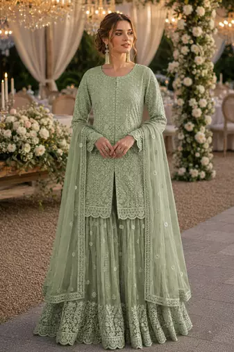Green heavy net readymade suit with embroidery & sequence work