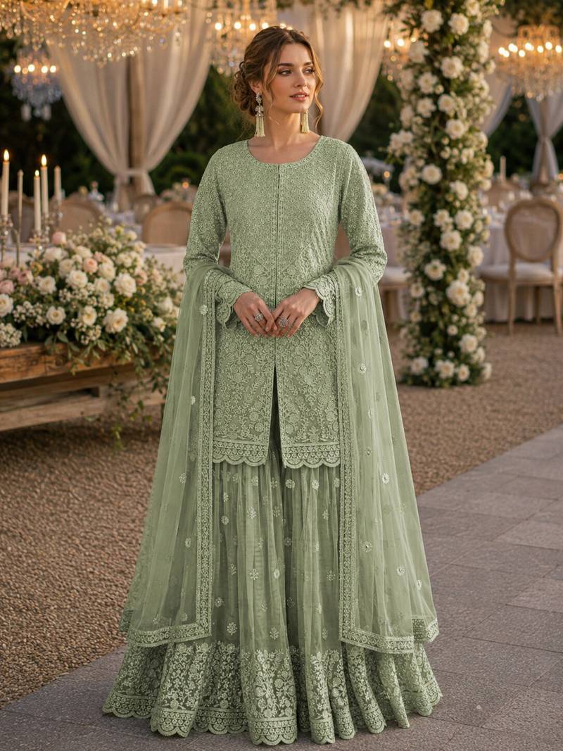 Green heavy net readymade suit with embroidery & sequence work