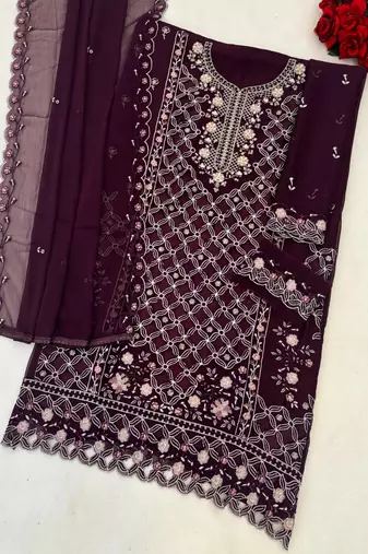 Purple chiffon  semi stitched suit with embroidered sequence work