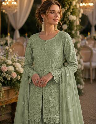 Green heavy net readymade suit with embroidery & sequin work 2