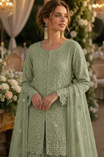 Green heavy net readymade suit with embroidery & sequence work