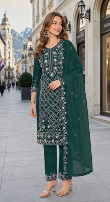 Green chiffon semi stitched suit with embroidered sequin work 1