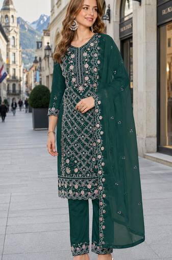 Green chiffon  semi stitched suit with embroidered sequence work