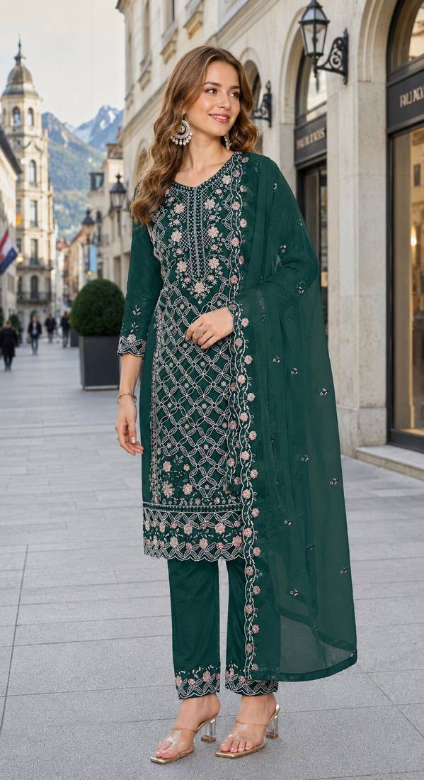 Green chiffon  semi stitched suit with embroidered sequence work