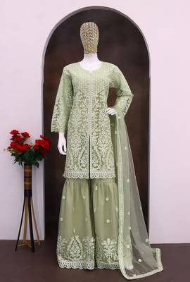 Green heavy net readymade suit with embroidery & sequin work 3