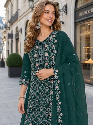 Green chiffon semi stitched suit with embroidered sequin work 2