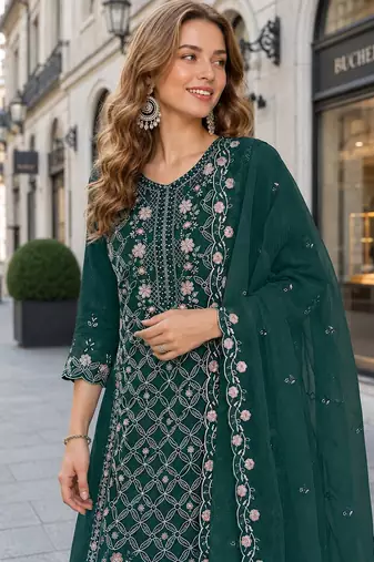 Green chiffon  semi stitched suit with embroidered sequence work