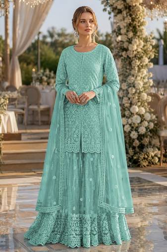 Sky blue heavy net readymade suit with embroidery & sequence work