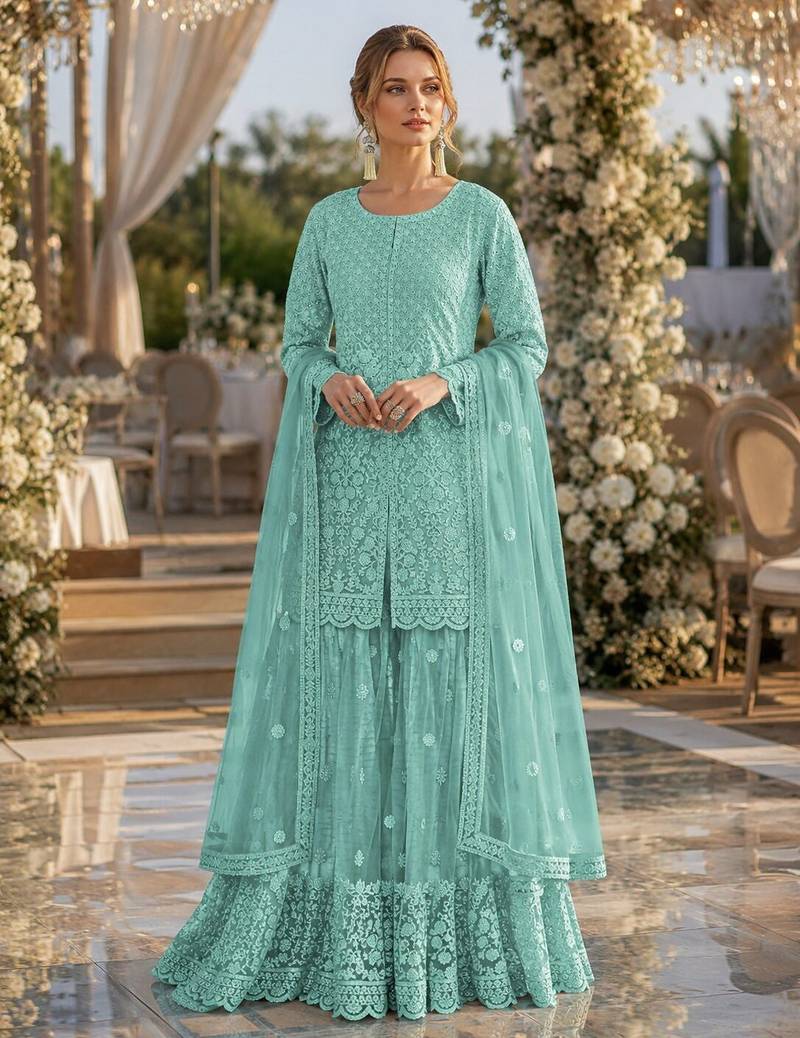 Sky blue heavy net readymade suit with embroidery & sequence work