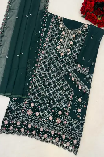 Green chiffon  semi stitched suit with embroidered sequence work