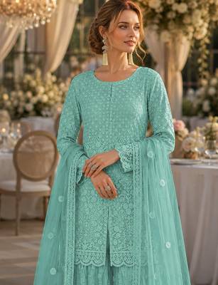 Sky blue heavy net readymade suit with embroidery & sequin work 2