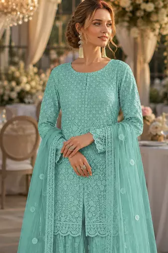 Sky blue heavy net readymade suit with embroidery & sequence work