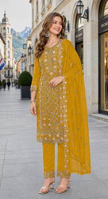 Yellow chiffon suit with embroidered sequin work 1