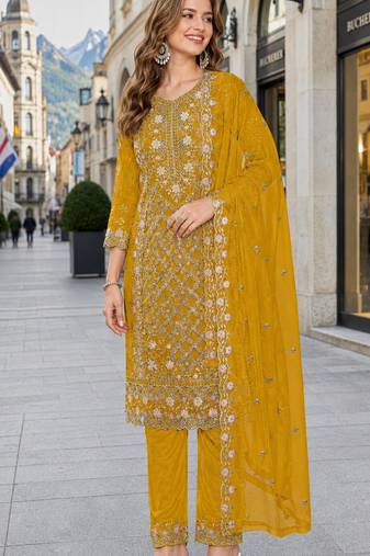Yellow chiffon  semi stitched suit with embroidered sequence work