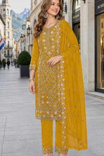 Yellow chiffon  semi stitched suit with embroidered sequence work