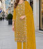 Yellow chiffon  semi stitched suit with embroidered sequence work