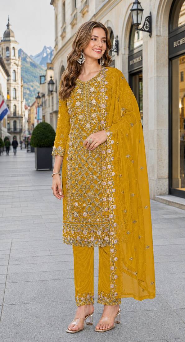Yellow chiffon  semi stitched suit with embroidered sequence work