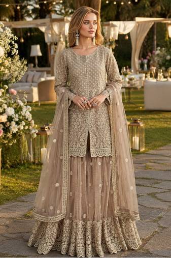 Cream heavy net readymade suit with embroidery & sequence work