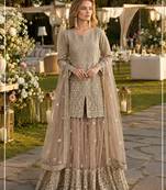 Cream heavy net readymade suit with embroidery & sequence work