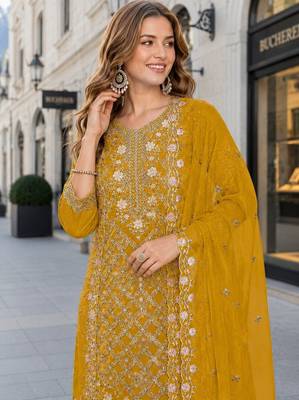 Yellow chiffon suit with embroidered sequin work 2