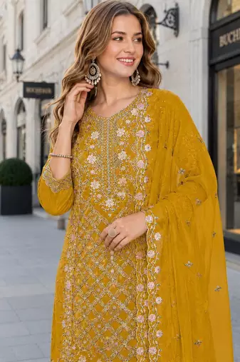 Yellow chiffon  semi stitched suit with embroidered sequence work