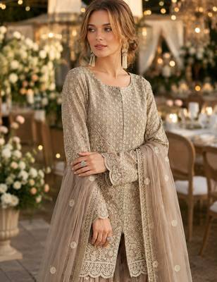 Cream heavy net readymade suit with embroidery & sequin work 2