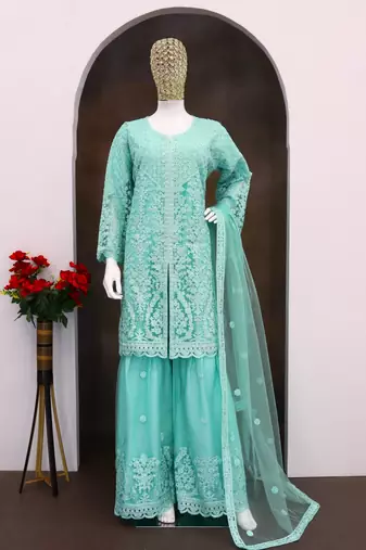 Sky blue heavy net readymade suit with embroidery & sequence work