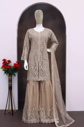 Cream heavy net readymade suit with embroidery & sequence work