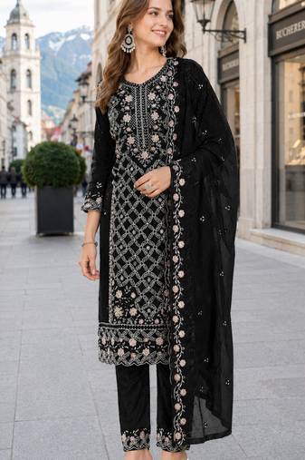 Black chiffon  semi stitched suit with embroidered sequence work