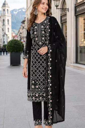 Black chiffon  semi stitched suit with embroidered sequence work