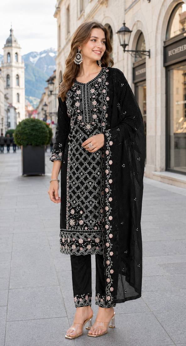 Black chiffon  semi stitched suit with embroidered sequence work