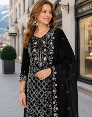 Black chiffon semi stitched suit with embroidered sequin work 2