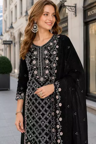 Black chiffon  semi stitched suit with embroidered sequence work