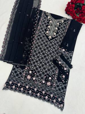 Black chiffon semi stitched suit with embroidered sequin work 3