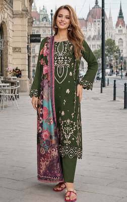 Mehendi cambric cotton semi stitched suit with embroidered & khatli work 1