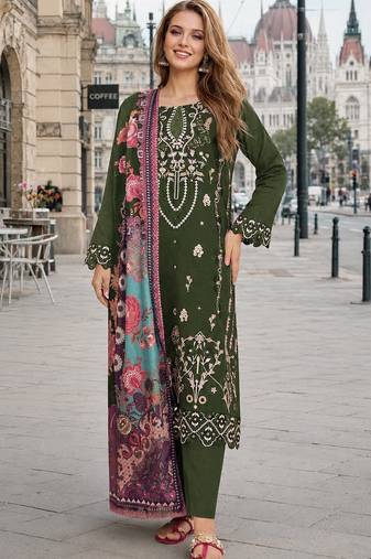 Mehendi cambric cotton semi stitched suit with embroidered & khatli work