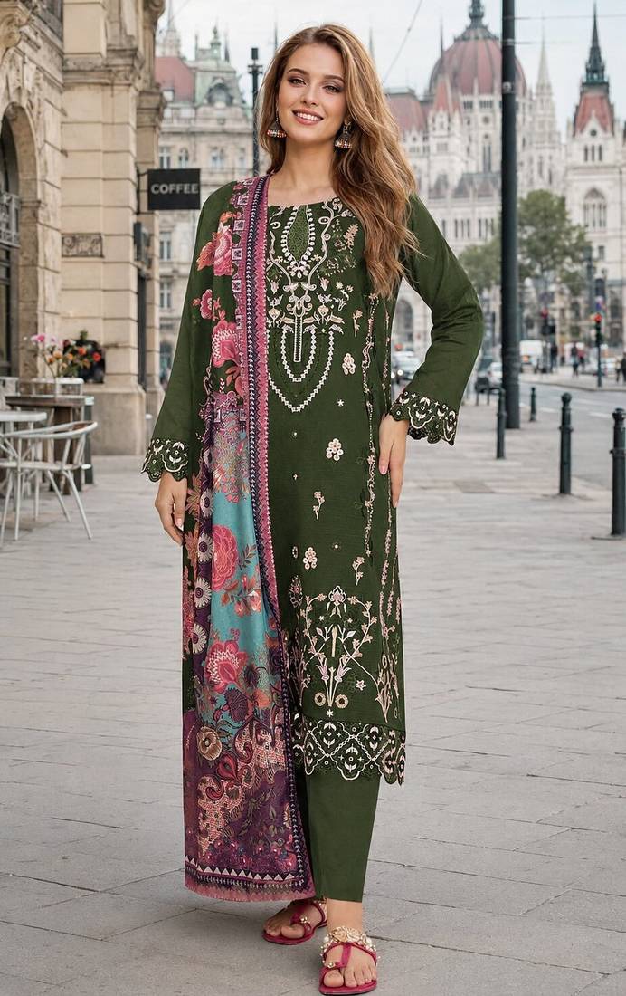 Mehendi cambric cotton semi stitched suit with embroidered & khatli work