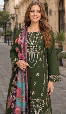 Mehendi cambric cotton semi stitched suit with embroidered & khatli work 2