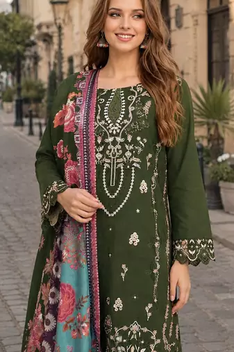 Mehendi cambric cotton semi stitched suit with embroidered & khatli work