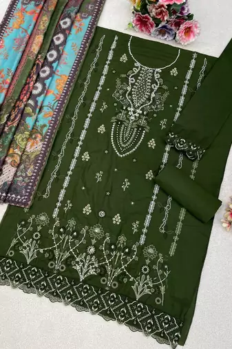 Mehendi cambric cotton semi stitched suit with embroidered & khatli work