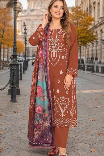 Orange cambric cotton semi stitched suit with embroidered & khatli work