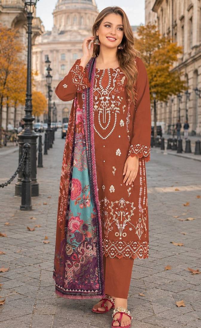 Orange cambric cotton semi stitched suit with embroidered & khatli work